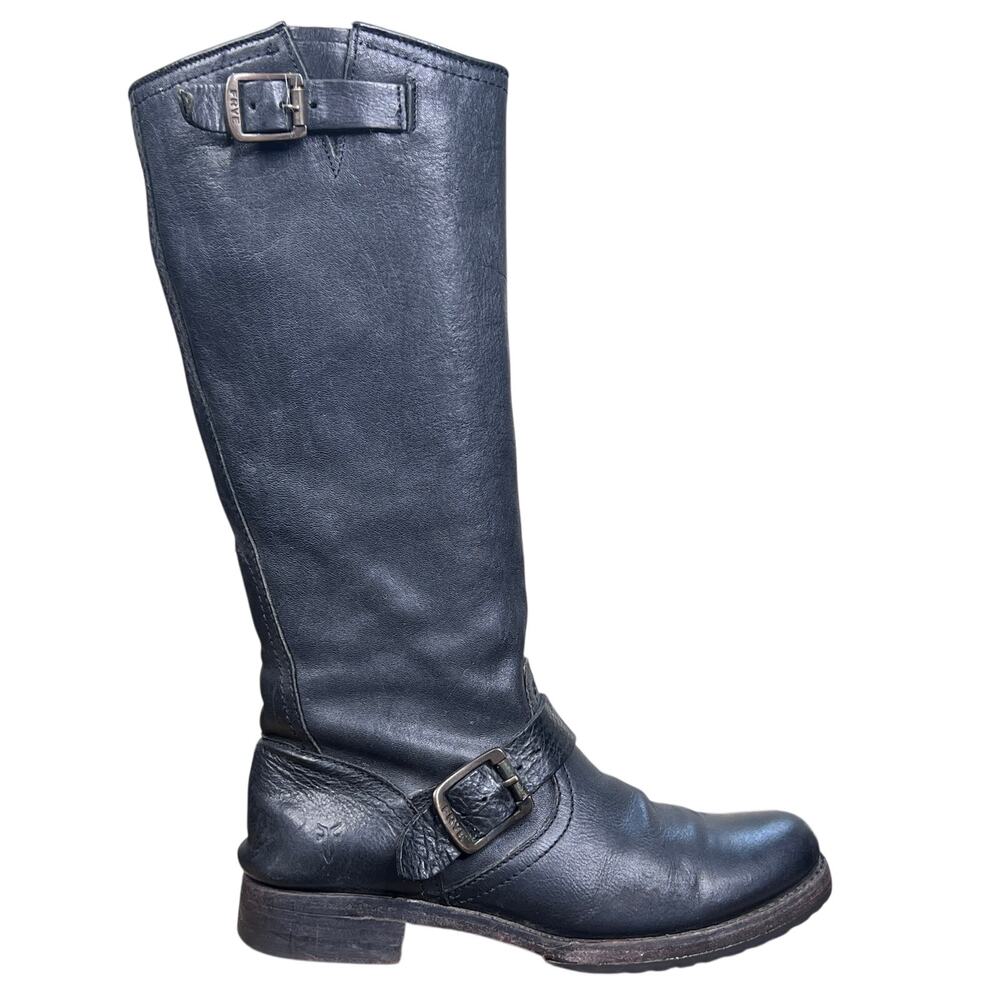Frye Veronica Slouch Black Leather Harness Tall Boots Size 7 B